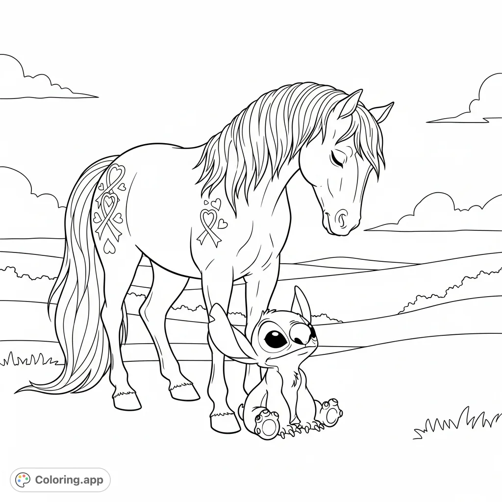 A calming coloring page featuring a gentle horse and Stitch, symbolizing comfort and mental well-being with intertwined ribbons and hearts.