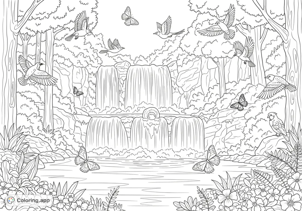 A serene waterfall scene alive with flying birds and fluttering butterflies. Explore nature's beauty and bring this tranquil landscape to life with your colors.