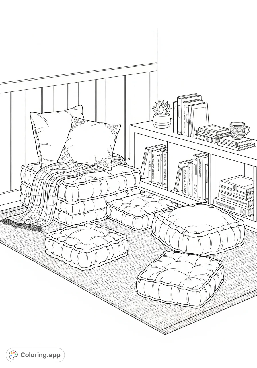 Discover tranquility in this cozy corner coloring page, featuring plush floor cushions, a low bookshelf filled with books, and decorative accents, ideal for mindful coloring.