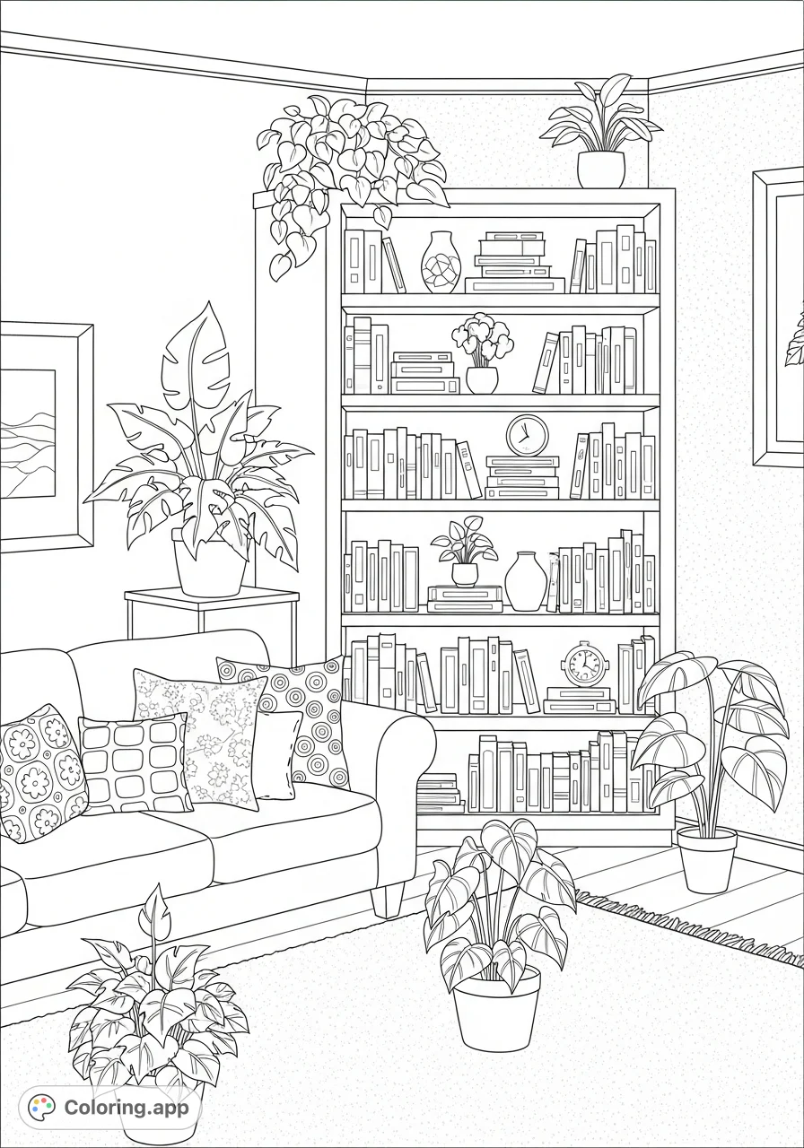 Explore a detailed living room featuring a plush sofa, decorative pillows, towering bookshelf, and lush potted plants, offering a cozy scene for colorists.