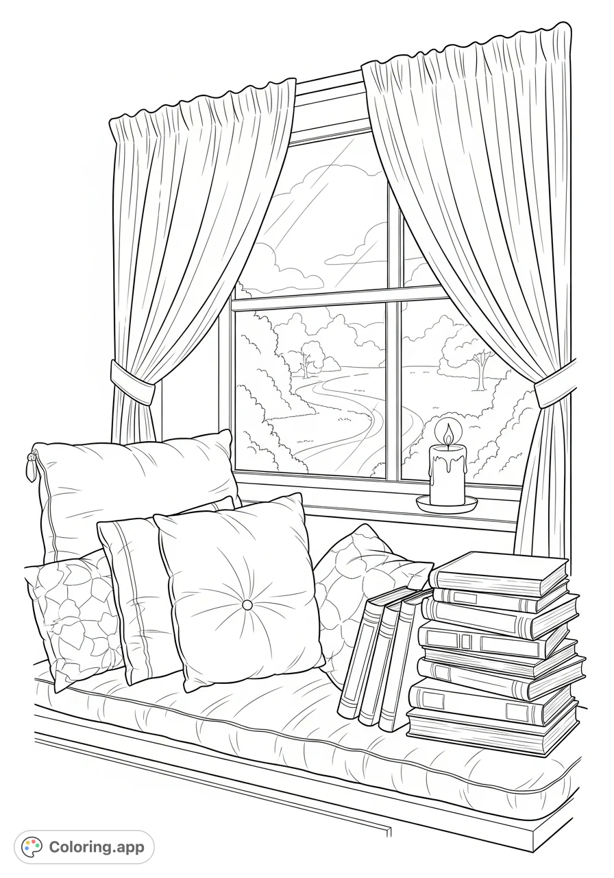 Discover a tranquil window seat coloring page, complete with plush cushions, stacked books, flowing curtains, and a glowing candle for a perfect escape.