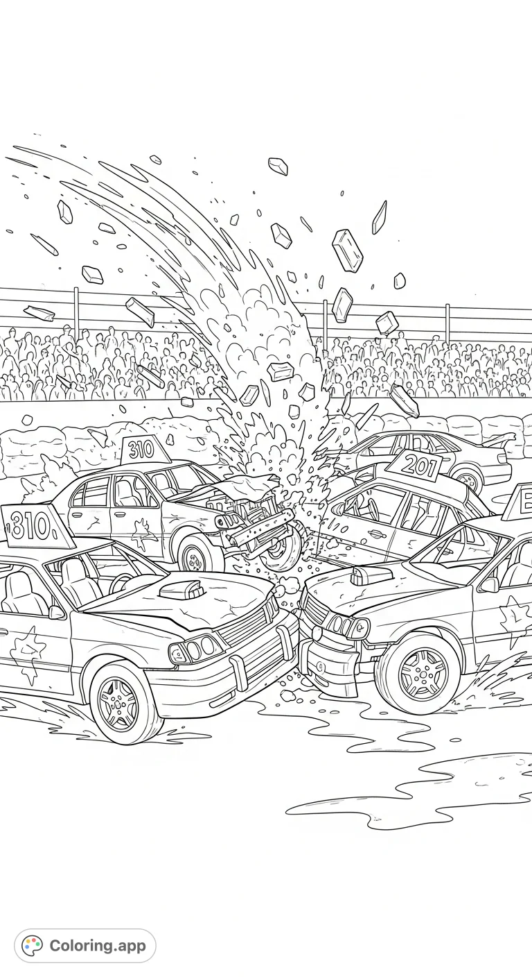 Experience the thrilling action of a demolition derby! Crashed cars, flying mud, and cheering spectators fill this dynamic scene, ready for your creative touch.