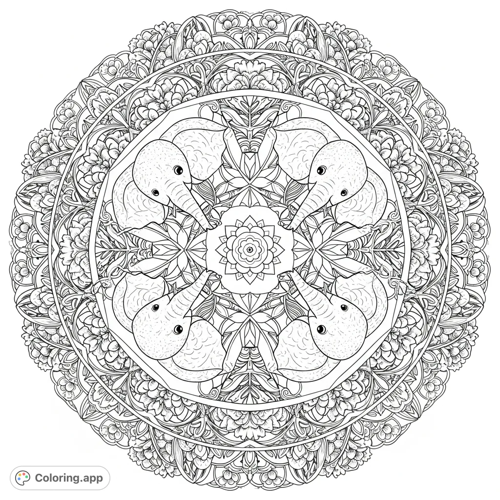 Discover a stunning mandala coloring page featuring cute, detailed elephants gracefully intertwined with magnificent floral designs and intricate geometric patterns.