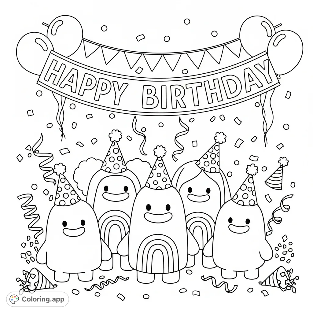 A cheerful Rainbow friends coloring page featuring cute characters in birthday hats, surrounded by festive decorations, ready for a fun celebration.