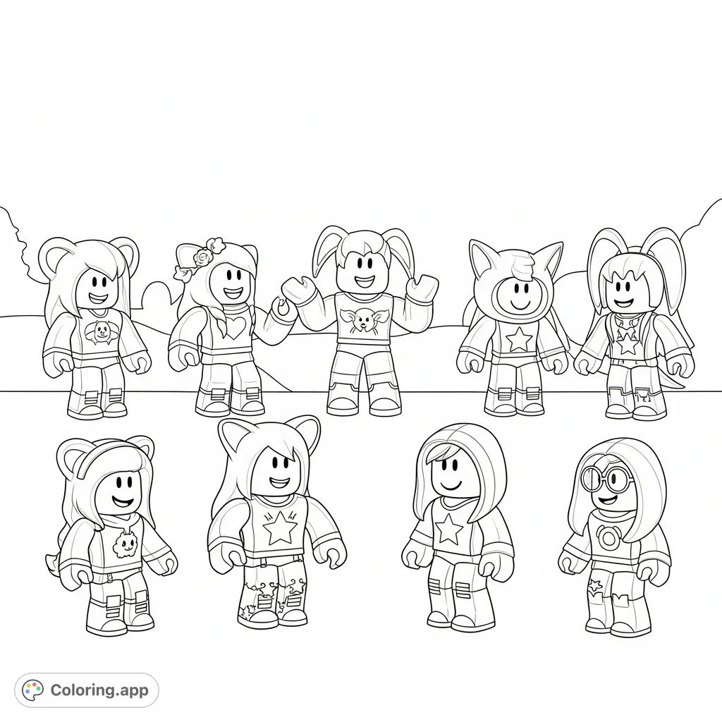Dive into the world of Roblox's Rainbow Friends with this adorable coloring page featuring all your favorite characters in friendly poses. Perfect for fans!