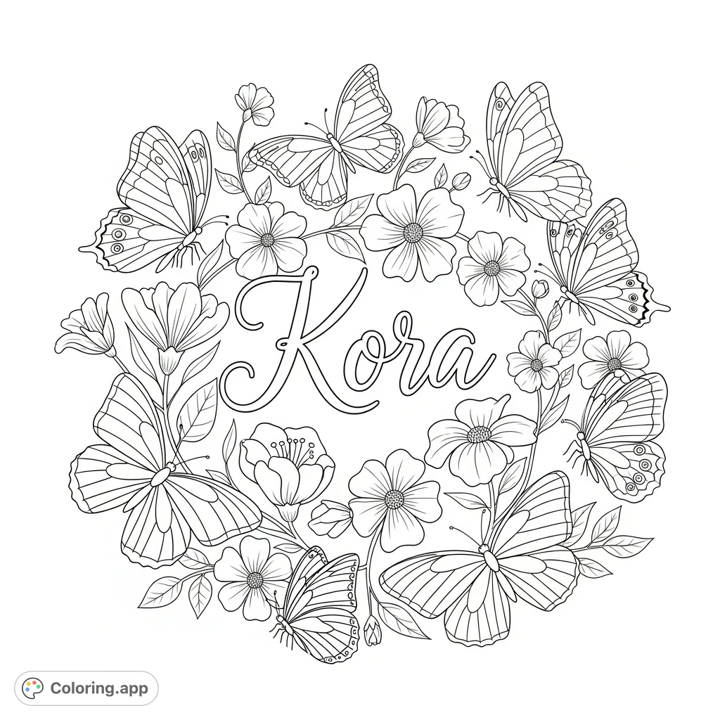 An elegant Kora butterfly coloring page with diverse butterflies, intricate floral patterns, and a personalized touch. Perfect for creative expression!