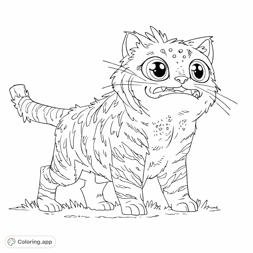 Color this delightful creature with exaggerated features and striking patterns. Its wide eyes and playful expression invite creative color choices for a unique art piece.