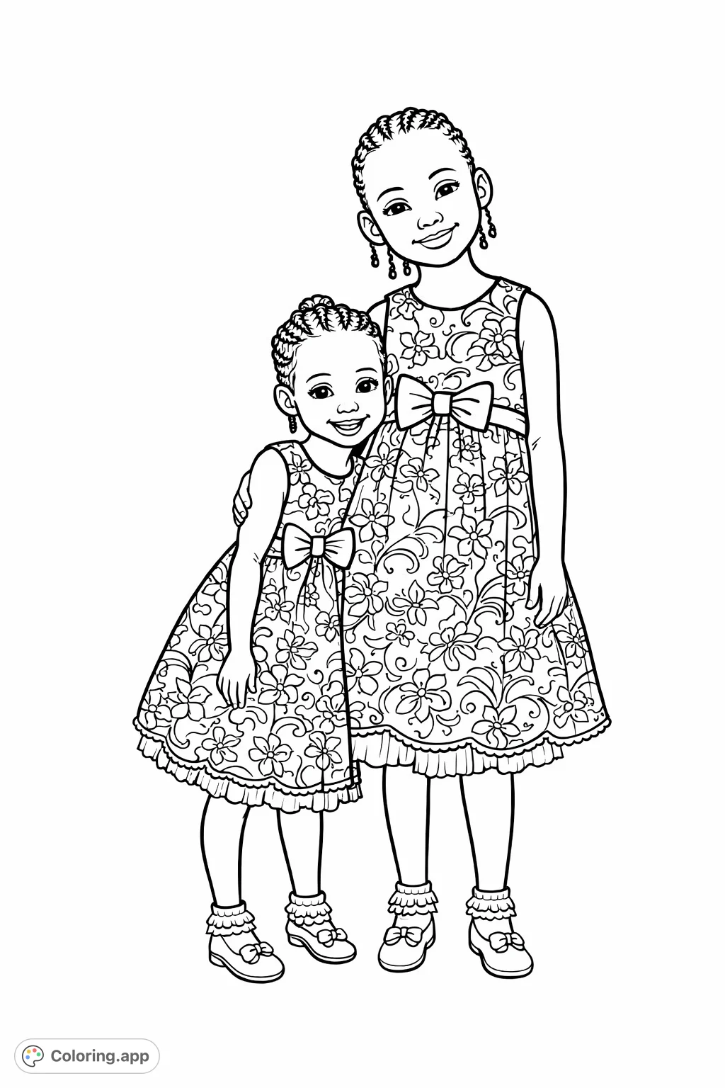 A delightful coloring page featuring two happy girls in stylish floral dresses. Perfect for celebrating friendship and family with intricate patterns and charming details.
