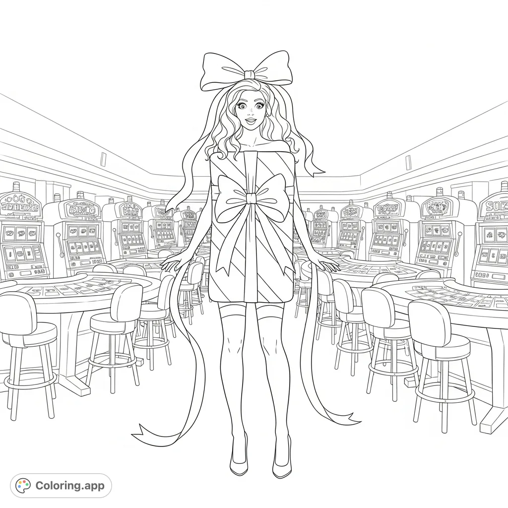 Discover a captivating casino scene featuring a girl uniquely dressed as a gift, with ribbons, bows, high heels, and stockings. A joyful surprise awaits!