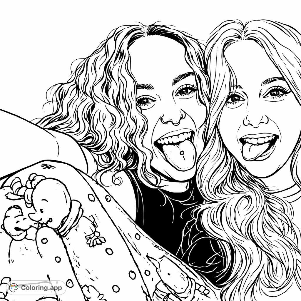 Capture the playful spirit of two friends sticking out their tongues and sharing a laugh, featuring expressive faces and a fun patterned blanket.