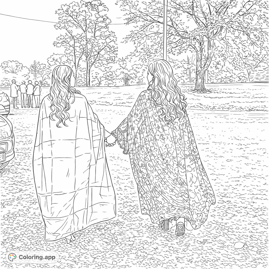 Two cloaked figures walk hand-in-hand, their flowing garments creating intricate patterns. A beautiful scene for a fantasy coloring page, evoking mystery and friendship.