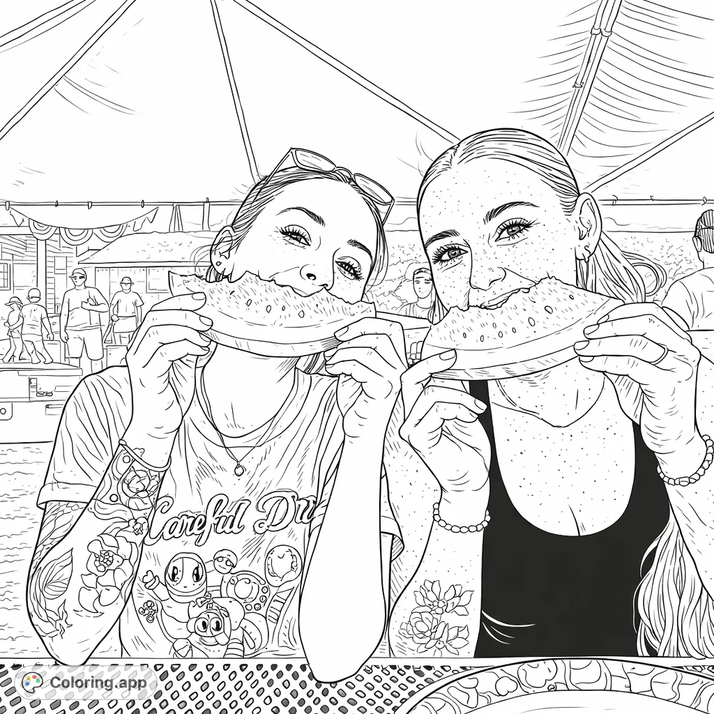 Two friends playfully enjoying fruit slices under a tent. A fun, casual scene perfect for a relaxing coloring experience.