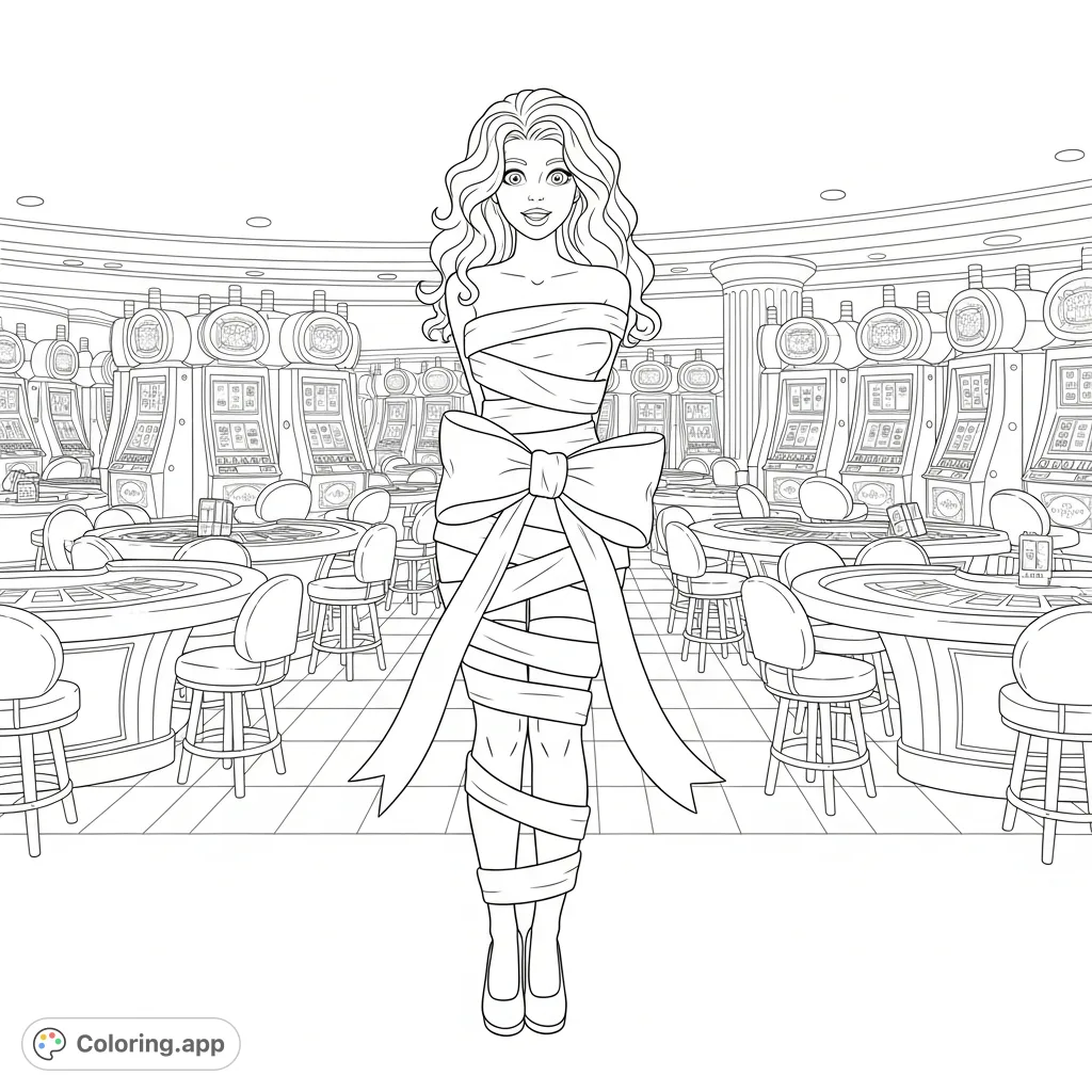 An adult coloring page featuring a surprised, ribbon-wrapped girl in stockings and heels amidst a vibrant casino, perfect for detailed coloring.