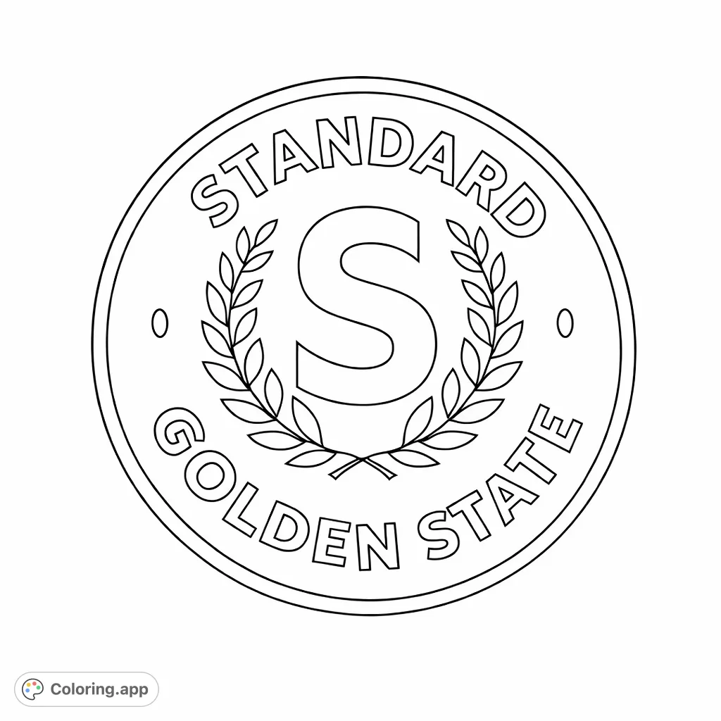 Color this classic circular emblem featuring a bold 'S' flanked by laurel wreaths and the words 'STANDARD GOLDEN STATE' for a timeless design.