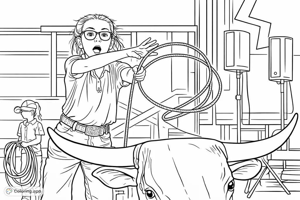 A determined young girl in glasses practices her roping skills with a lasso, aiming at a bull dummy. This dynamic scene captures the excitement of rodeo training.