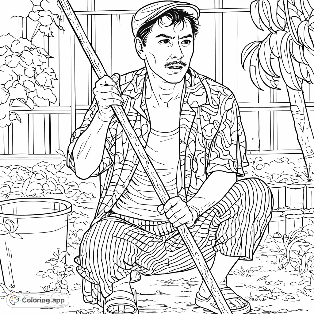 A detailed coloring page featuring a man squatting in a garden, holding a long tool. Perfect for exploring intricate patterns on his clothing and the surrounding foliage.