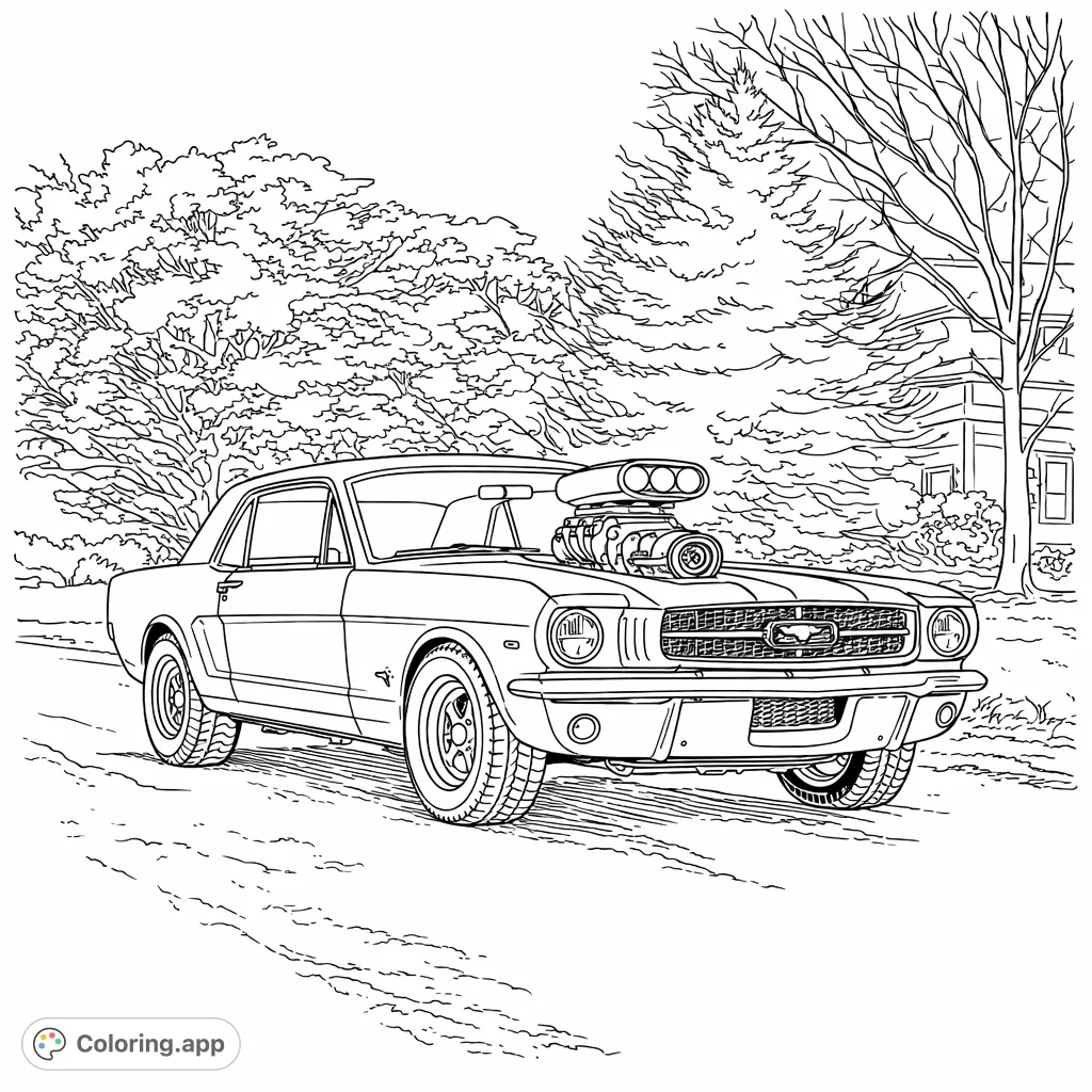 Color a powerful classic muscle car with an exposed engine, parked amidst trees. A vintage hot rod scene for enthusiasts.