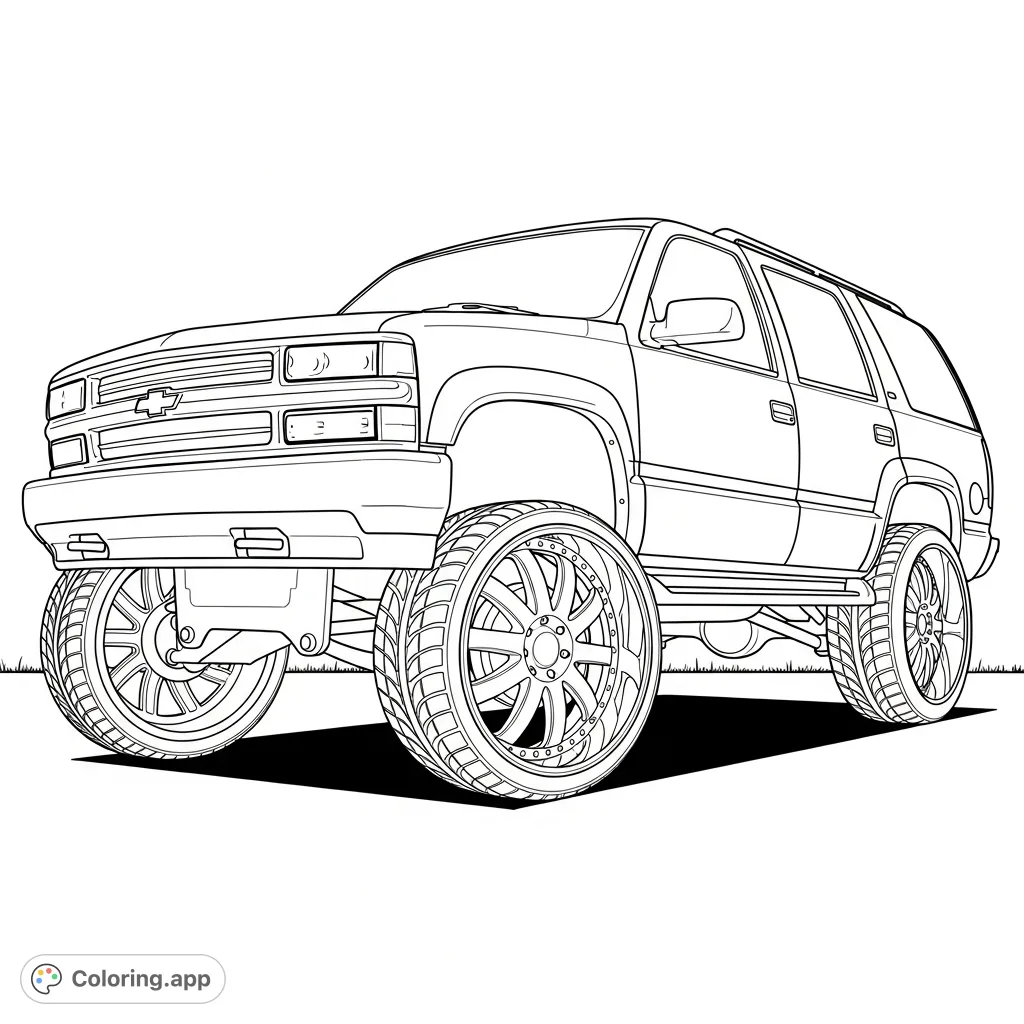 Color a custom 1999 Tahoe with a distinct raked stance, featuring an elevated front and lowered rear, riding on massive, reflective metallic rims.