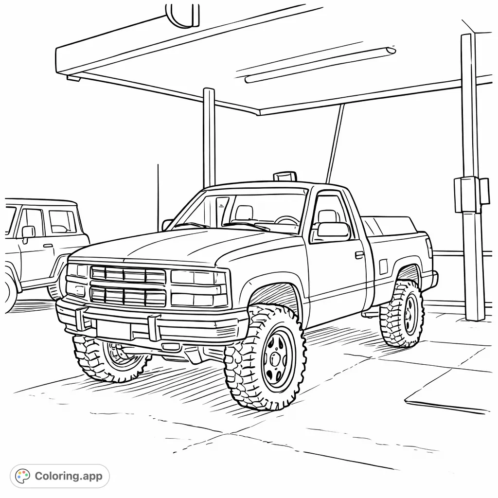 Detailed lifted pickup truck under a gas station canopy, featuring rugged off-road tires and a bold grille guard. Perfect for vehicle enthusiasts!