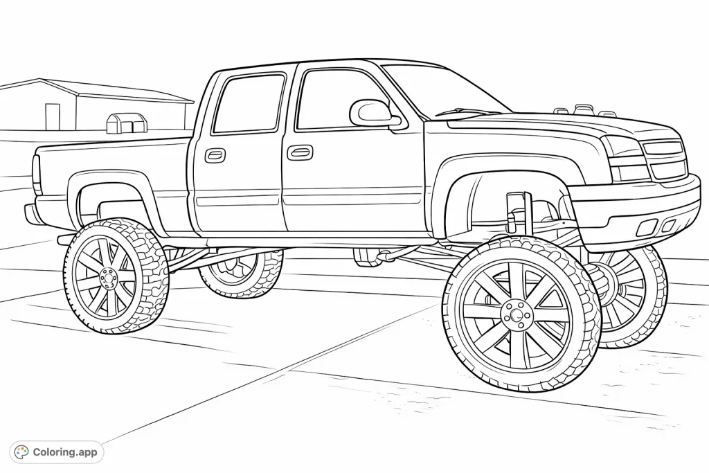 Color this mighty lifted pickup truck, featuring custom wheels, a towering stance, and intricate details, perfect for truck enthusiasts.