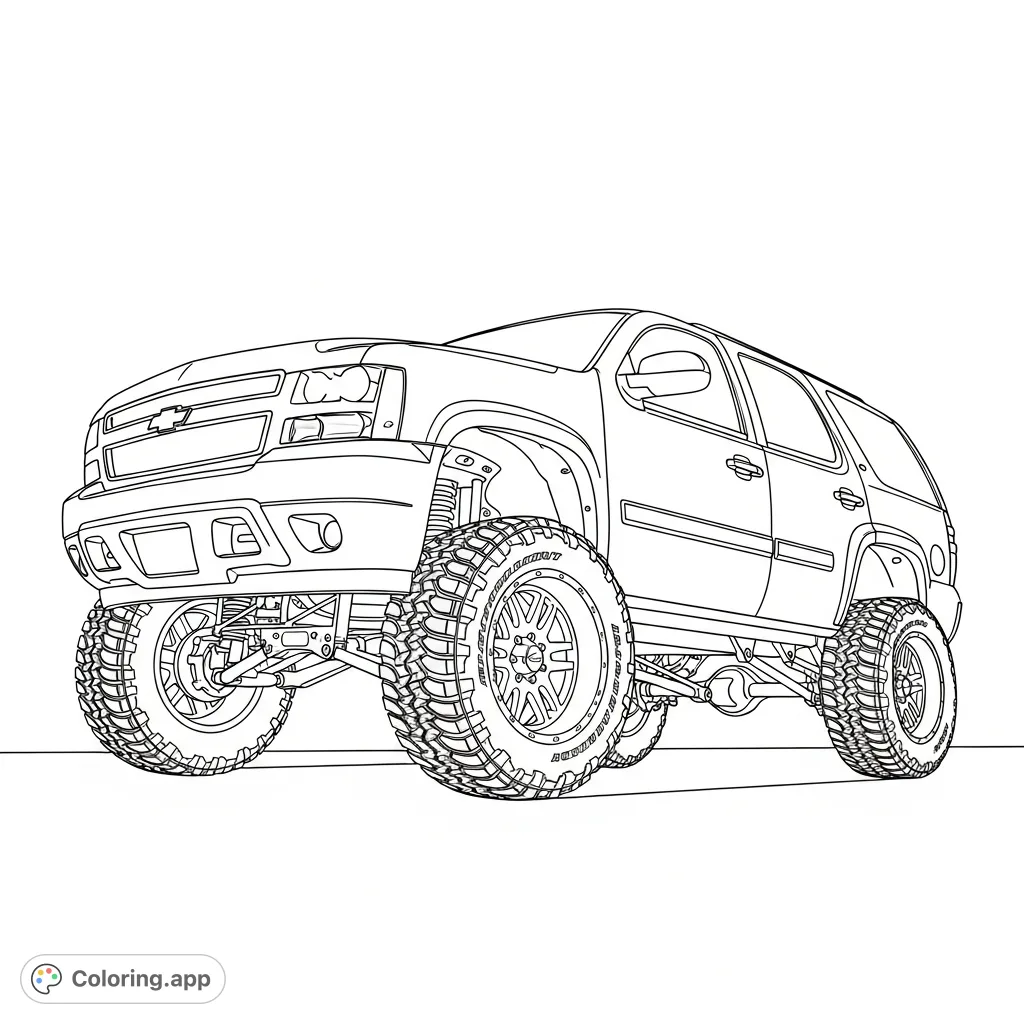 Explore a detailed lifted Chevrolet Tahoe coloring page, featuring a distinctive rear-high stance, large off-road tires, and visible suspension.