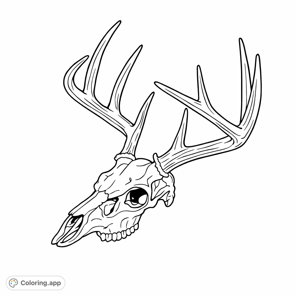 A striking deer skull with impressive antlers, offering a detailed and unique nature-inspired coloring challenge for enthusiasts of wildlife and anatomy.