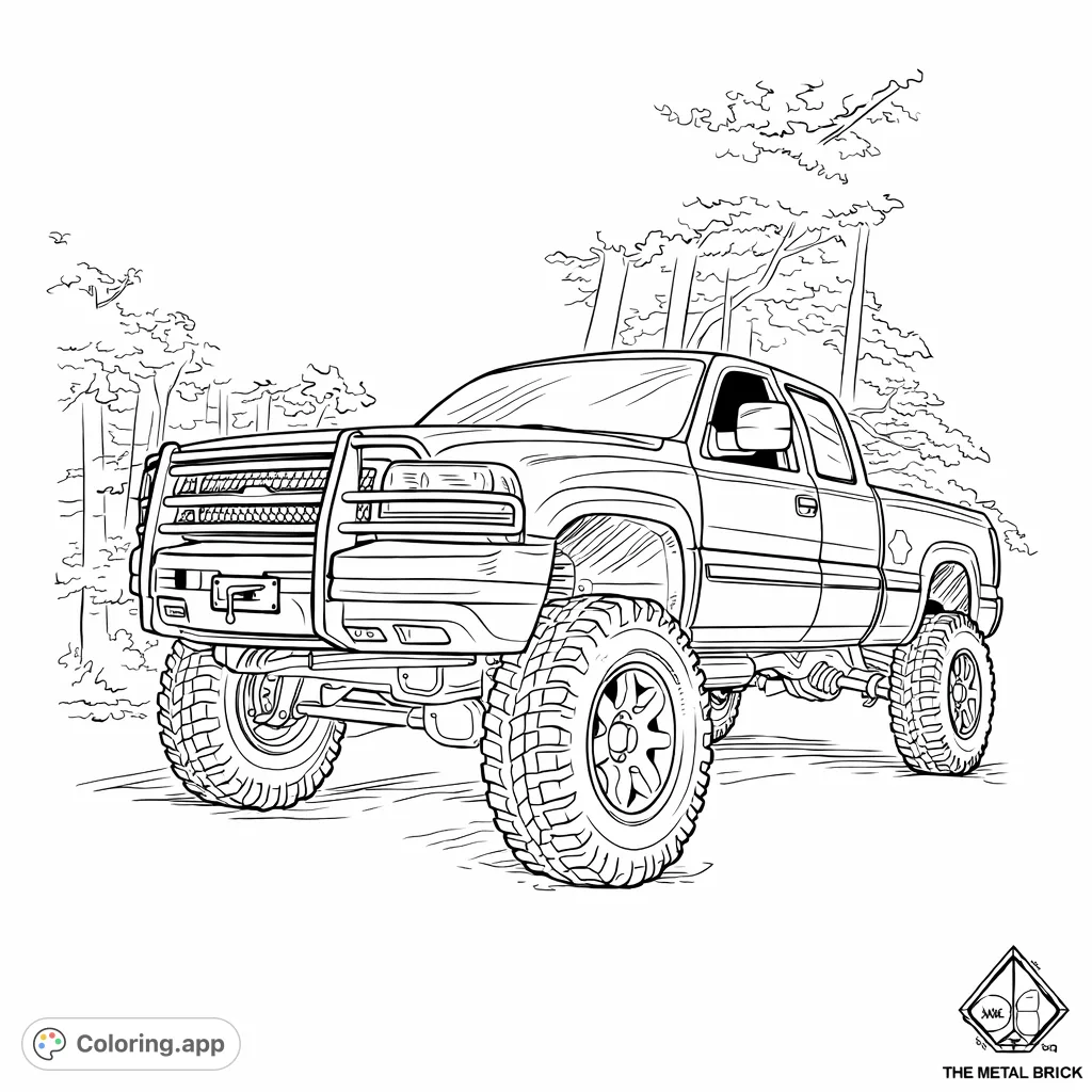 Color a powerful, lifted pickup truck with massive tires and a formidable brush guard, set against a natural, leafy backdrop. Perfect for automotive enthusiasts!