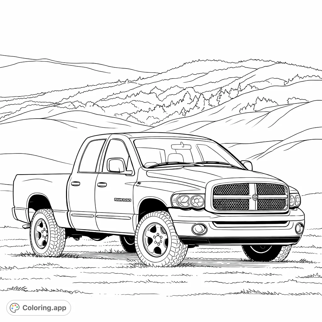 Color a powerful pickup truck set against a scenic mountainous backdrop. Ideal for vehicle enthusiasts and nature lovers to bring to life!