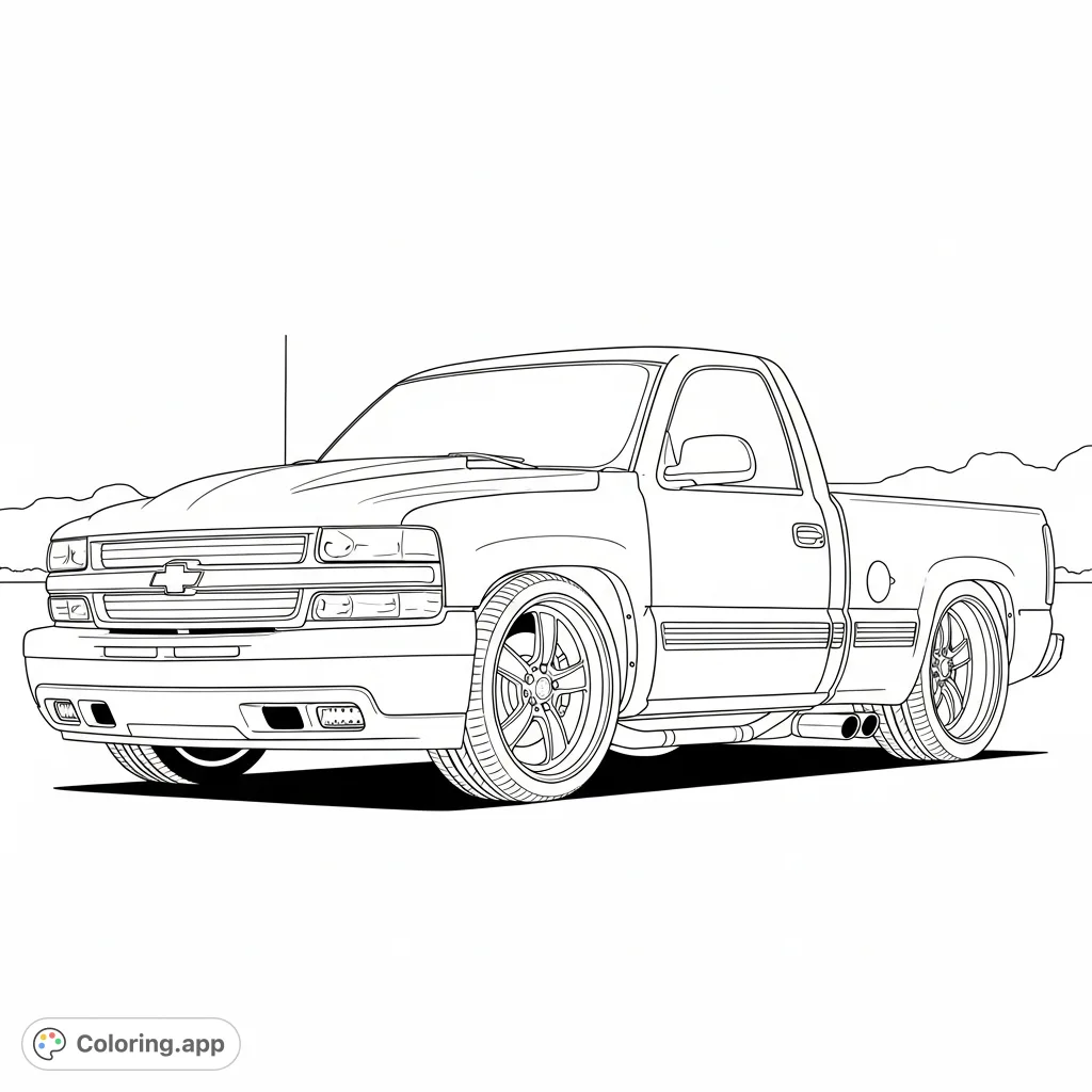 Color a detailed 1999 Chevrolet Silverado single cab truck with a distinct squatted stance and custom wheels. Perfect for truck enthusiasts and automotive fans.