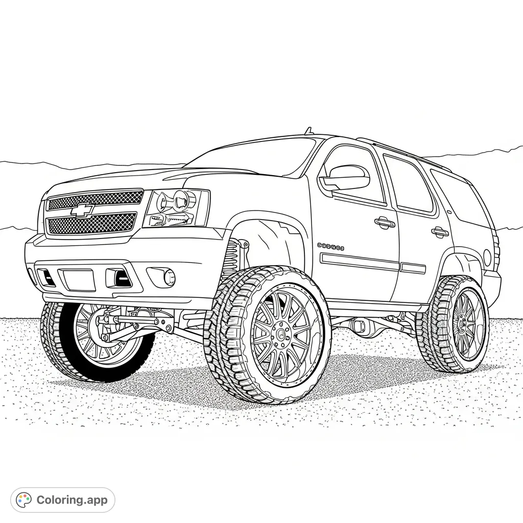 Capture the unique stance of a 2007 Tahoe with a 6-inch front lift and lowered rear, showcasing impressive 26-inch rims in this custom vehicle coloring page.