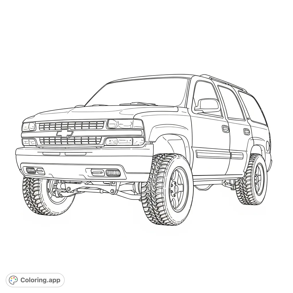 Unleash your creativity with this custom 2004 Tahoe coloring page, featuring a unique squatted stance, 10-12 inch front lift, and iconic 'cateye' headlights.