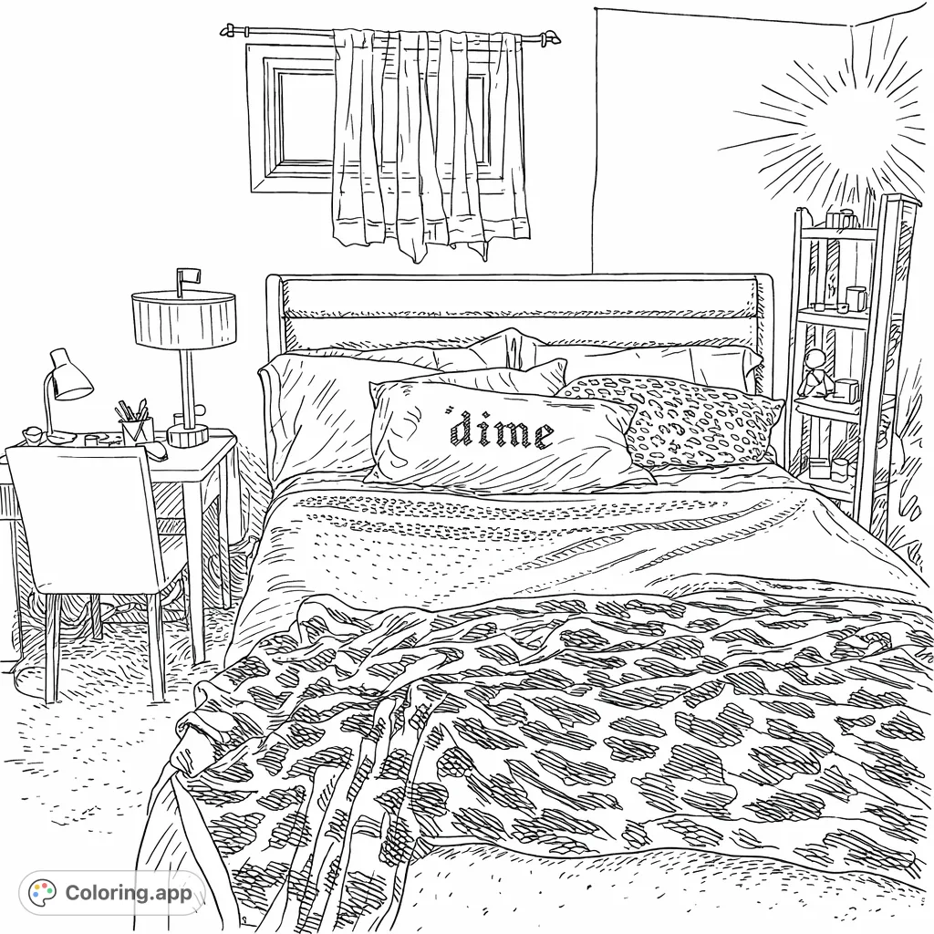 Explore a chic bedroom featuring a comfortable bed with animal print accents, a cozy desk area, and stylish furnishings. A detailed interior scene perfect for relaxation.