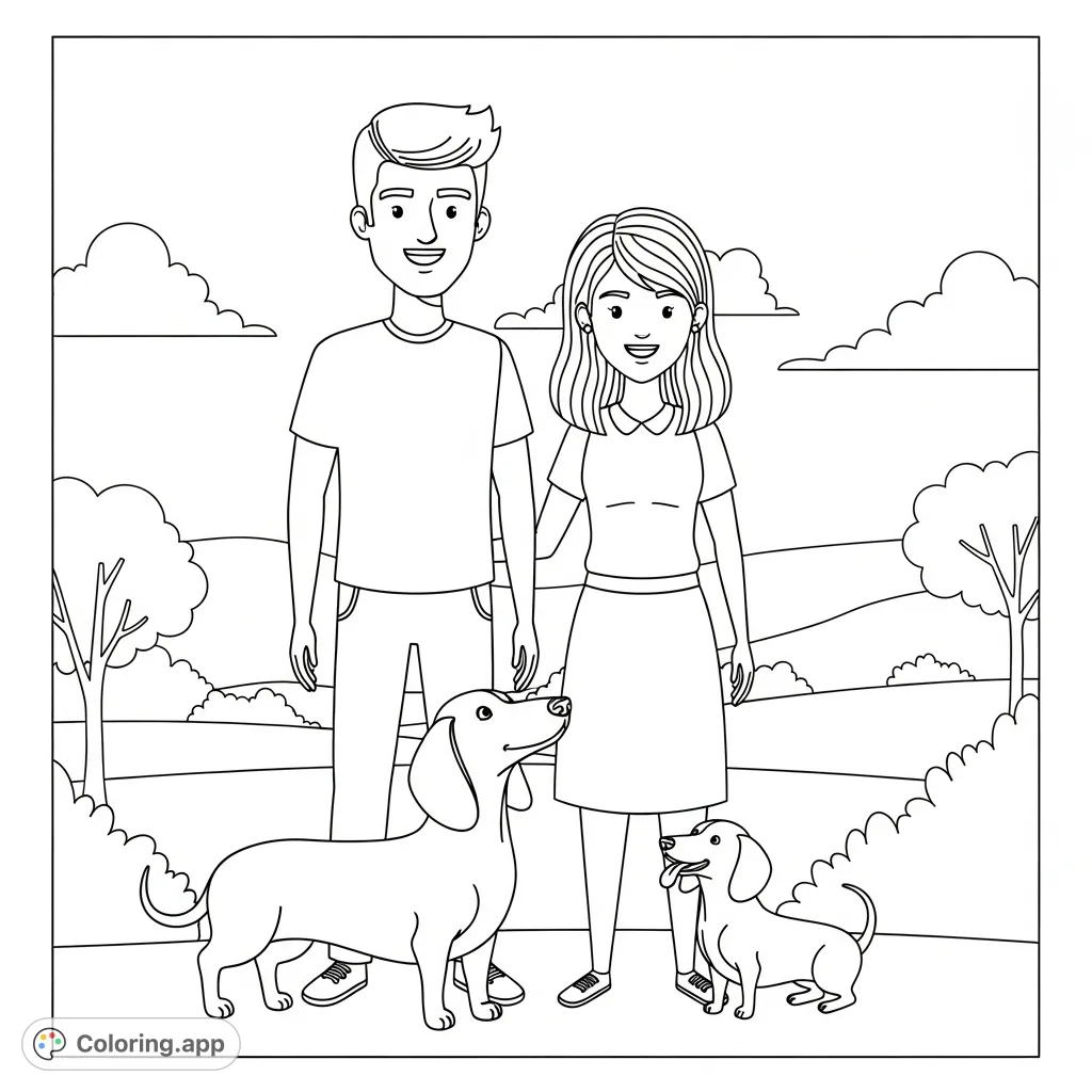 A heartwarming family coloring page featuring a happy man, woman, and their two adorable wiener dogs of differing sizes in a charming park setting.