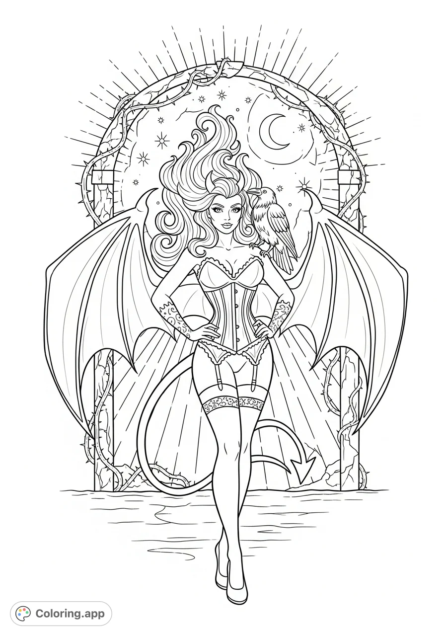 Dive into a dark fantasy with this gothic pinup girl coloring page. Featuring elaborate attire, fiery hair, bat wings, a devil's tail, and her pet raven.