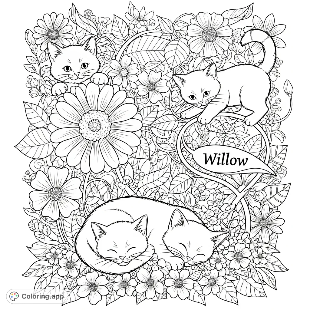 Discover adorable kittens playing amongst beautiful flowers with the name 'Willow'. A delightful scene for all ages to bring to life with color!
