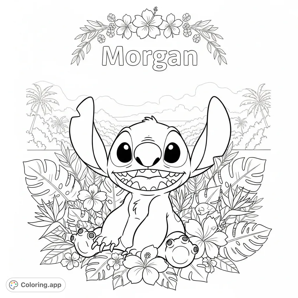 A delightful Stitch coloring page featuring the beloved alien surrounded by lush tropical flowers and the name 'Morgan'. Perfect for Disney fans!