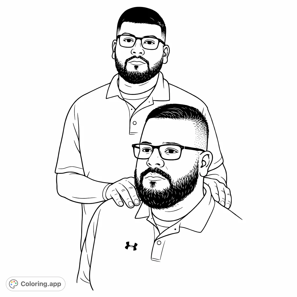 A detailed portrait coloring page featuring two men with distinct beards and glasses, posing together. Explore realistic shading and personal expression for a meaningful finished piece.