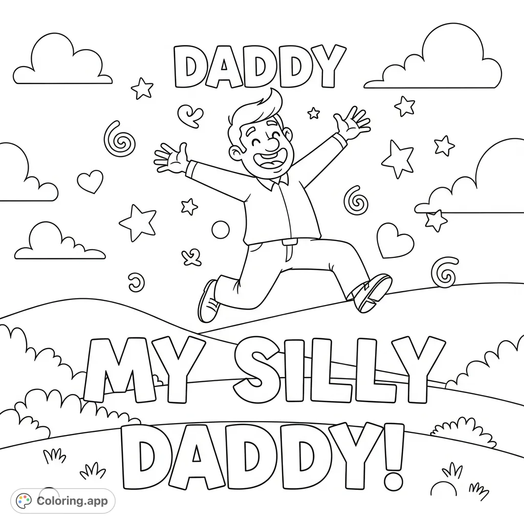 A cheerful coloring page featuring a playful 'Daddy' jumping with stars and hearts, celebrating a silly father figure. Fun for young children.