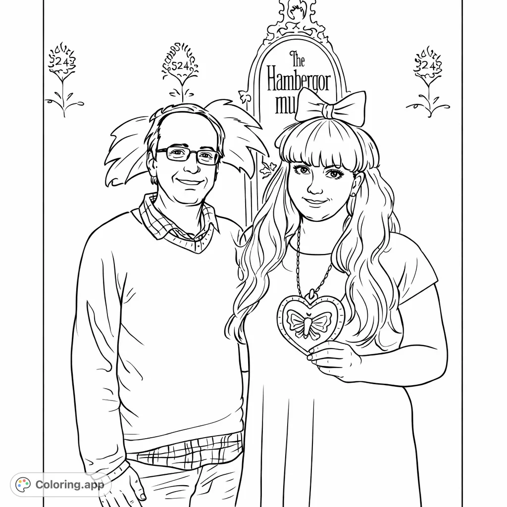 Celebrate fun with this cartoon costume duo coloring page, featuring a man and woman in playful character outfits against a decorative background.