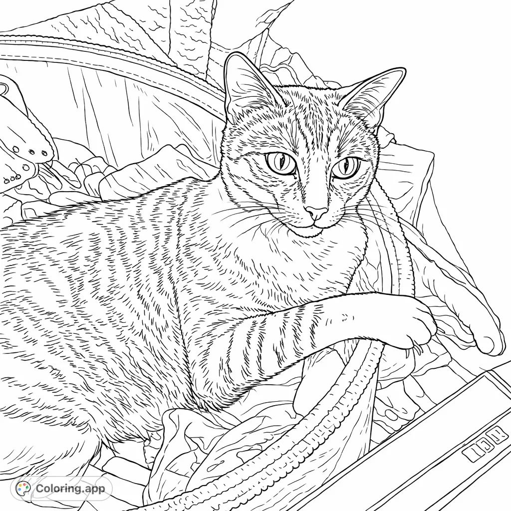 A charming striped cat rests comfortably amidst soft fabrics, featuring intricate patterns and a serene gaze. A perfect cat coloring page for all ages.