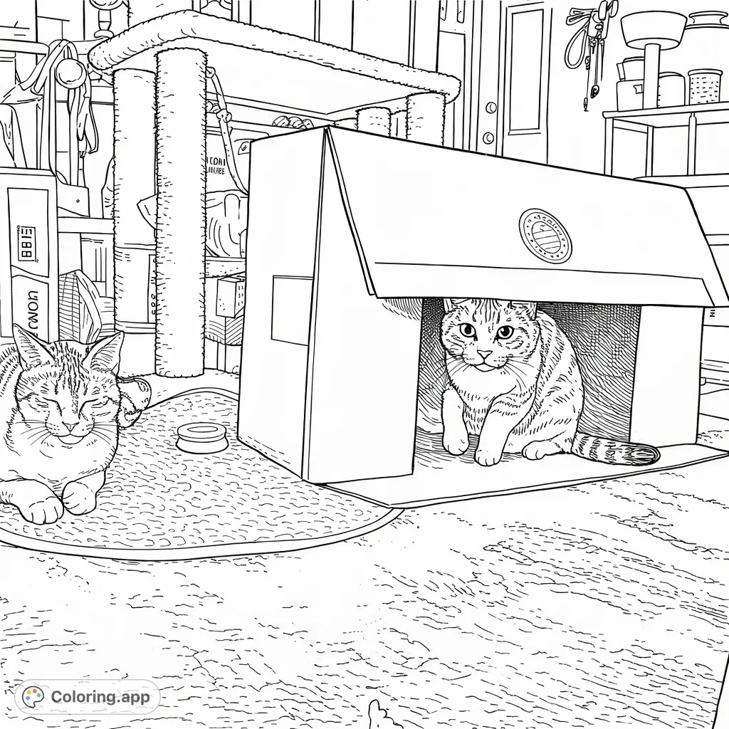 Delightful cat scene with one cat napping peacefully on a mat and another peeking from a cardboard box, set against a cozy indoor backdrop.