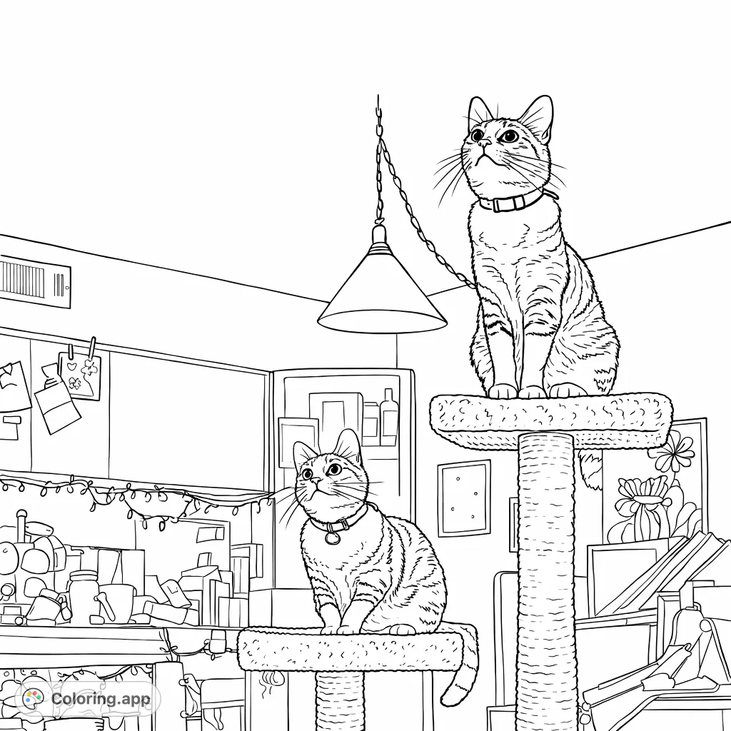 A delightful coloring page featuring two curious cats perched on a textured cat tree, gazing upwards. Perfect for cat lovers of all ages!