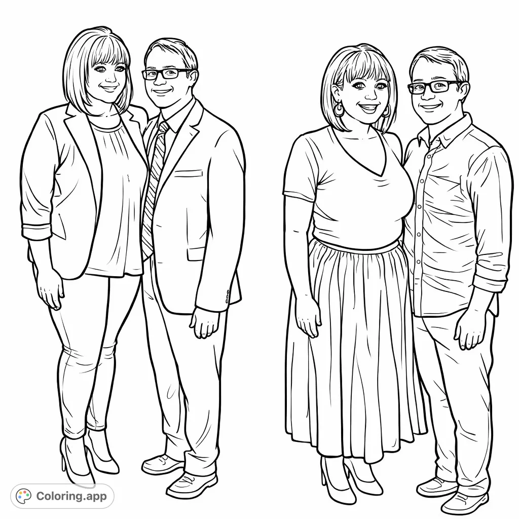 Capture joy with this dual portrait coloring page featuring a happy couple in two distinct poses and outfits. A perfect way to celebrate relationships and personal journeys.