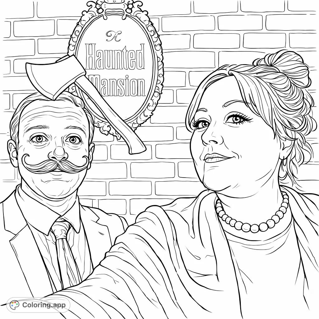 Enter the world of spectral figures from a classic haunted attraction. This coloring page features two characters in elaborate costumes against a brick wall, perfect for spooky fun.