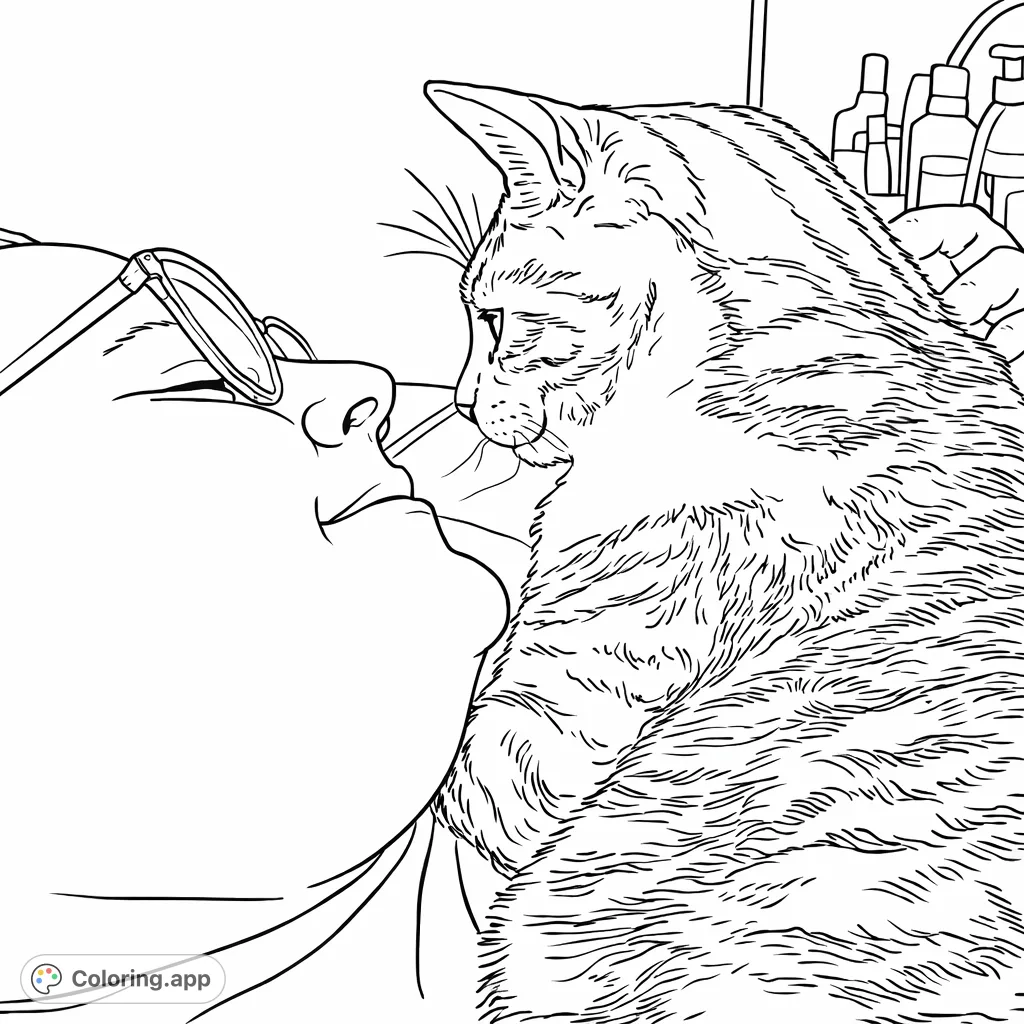 Experience the tender bond between a person and their feline friend. This peaceful pet cuddle scene captures a moment of quiet affection, perfect for a relaxing coloring session.