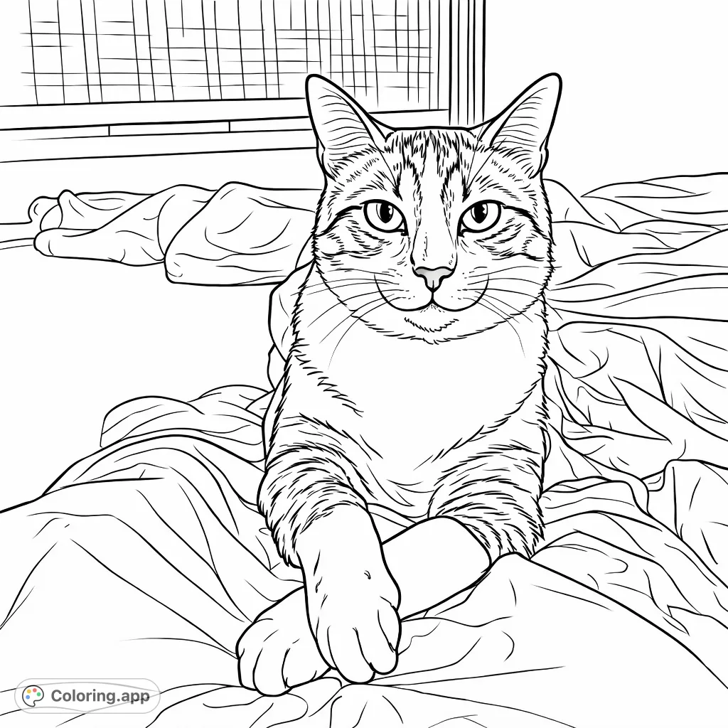 Color a charming striped cat with crossed paws, relaxing on soft bedding. A purr-fectly delightful coloring page for all animal lovers.