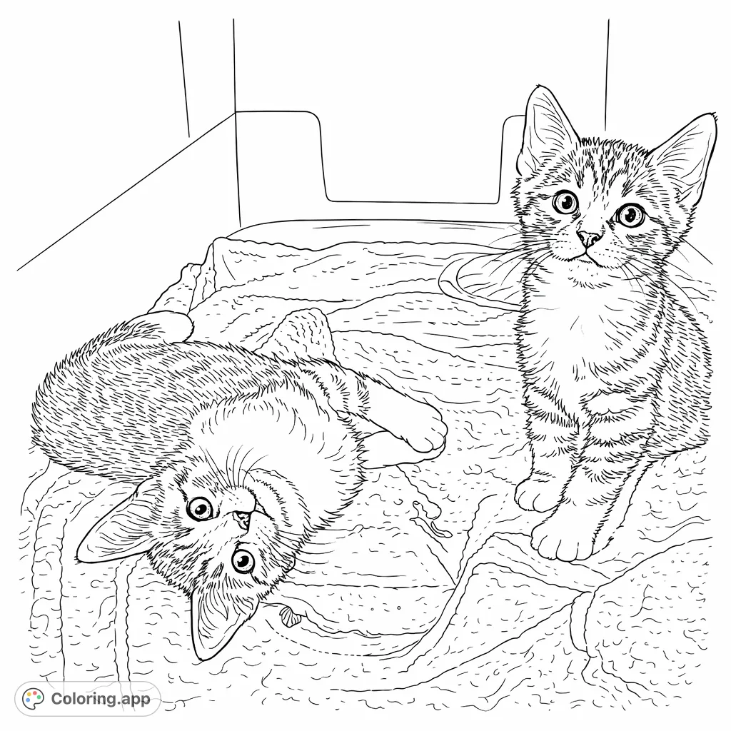 Adorable kitten duo, one playful on its back and one curious, perfect for a cozy coloring adventure for kids and cat lovers.