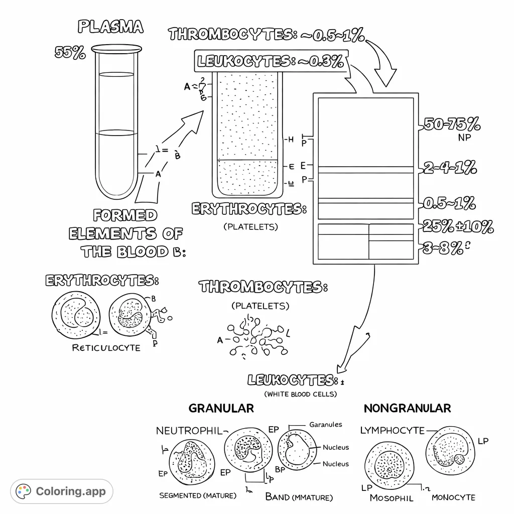 Explore the intricate world of human blood with this detailed biology coloring page. Features test tube layers and various blood cells like erythrocytes and leukocytes.
