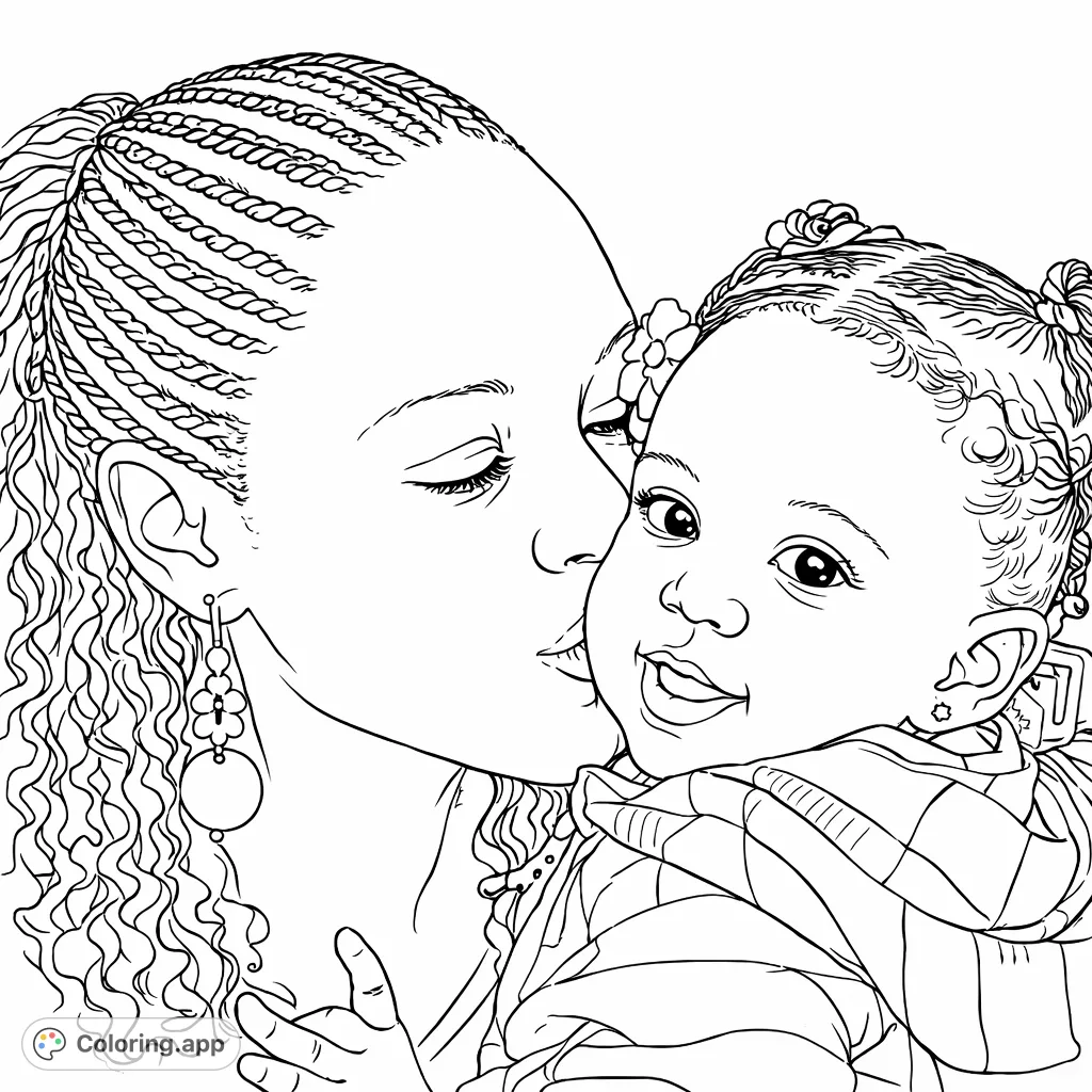 Capture a heartwarming moment of a mother kissing her baby. This touching scene offers a beautiful opportunity to explore love and family with every stroke.