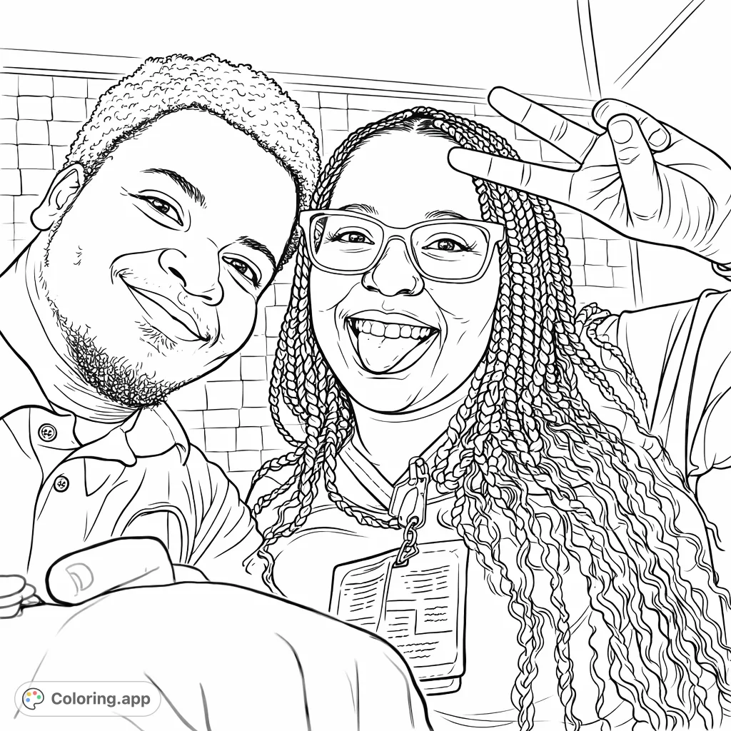 Capture the happy moment of two smiling individuals in a close-up selfie. Features detailed braided hair, glasses, and a playful peace sign. A delightful portrait.